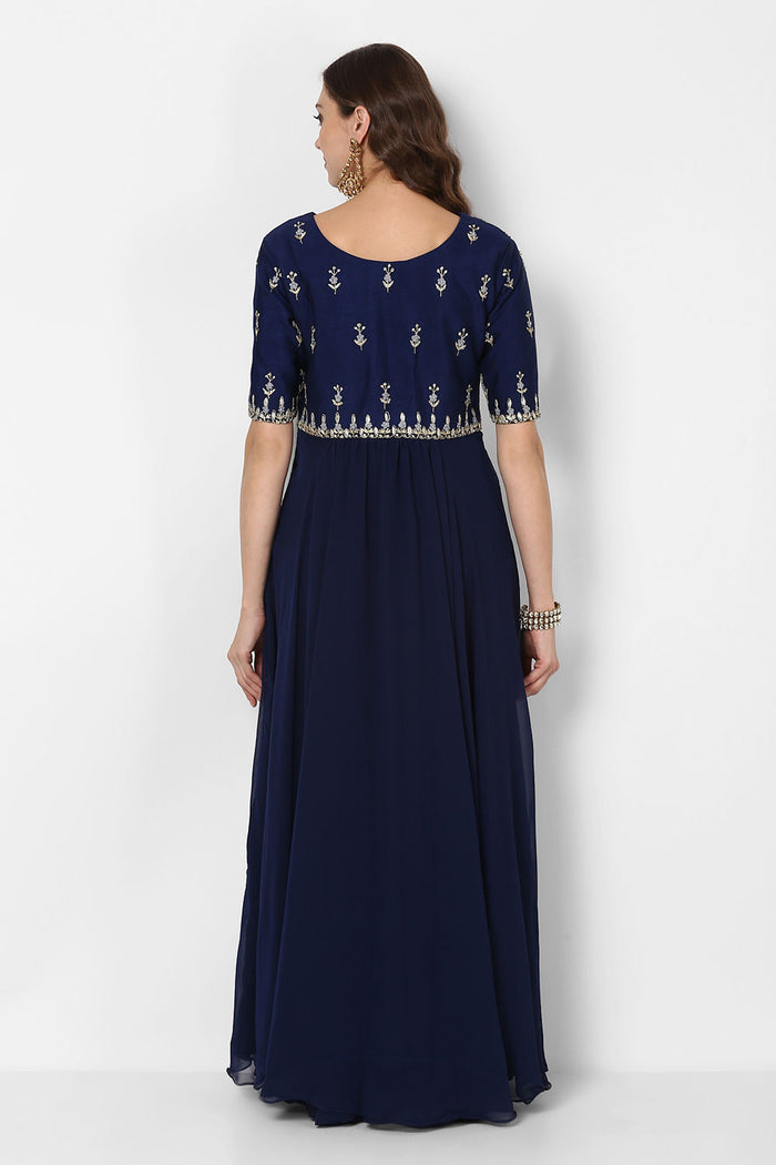 Navy Blue Gold Embroidered Anarkali Set
