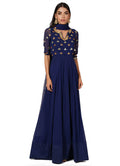 Navy Blue Gold Foil Printed Embroidery Gown
