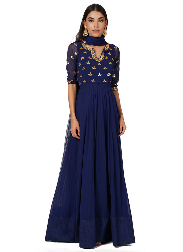 Navy Blue Gold Foil Printed Embroidery Gown