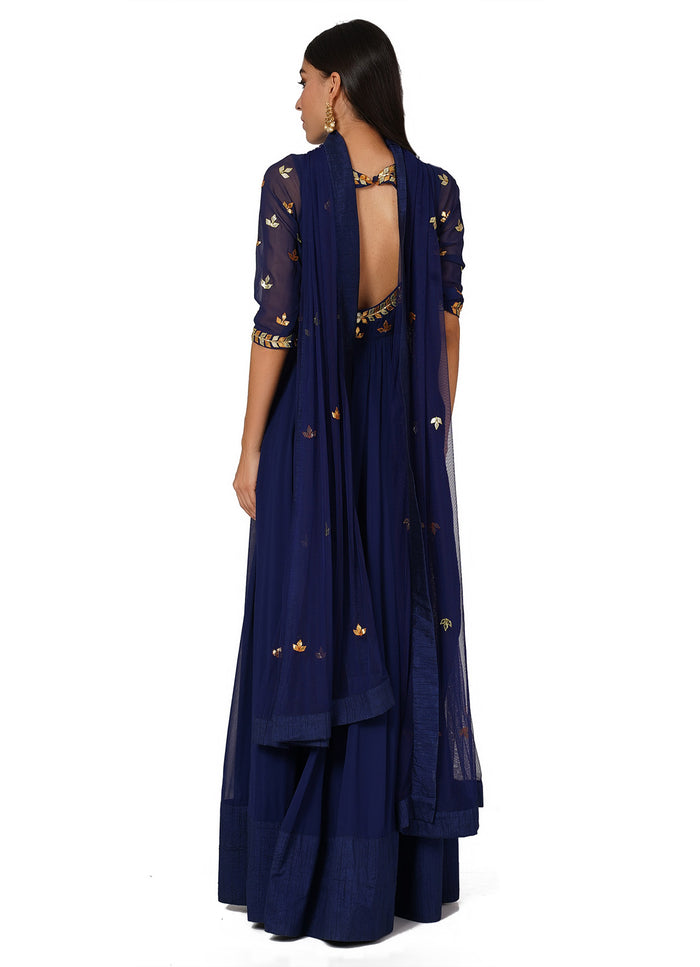 Navy Blue Gold Foil Printed Embroidery Gown