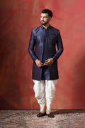 Navy Blue Jacquard Solid Sherwani Set