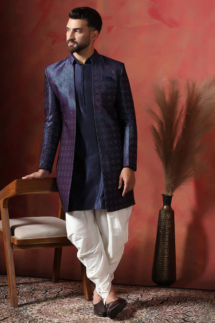 Navy Blue Jacquard Solid Sherwani Set
