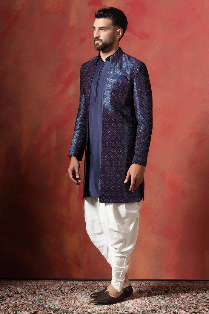 Navy Blue Jacquard Solid Sherwani Set