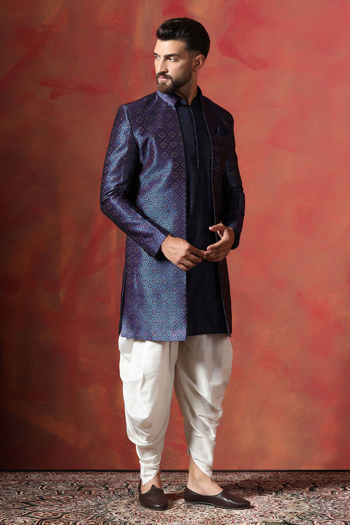 Navy Blue Jacquard Solid Sherwani Set