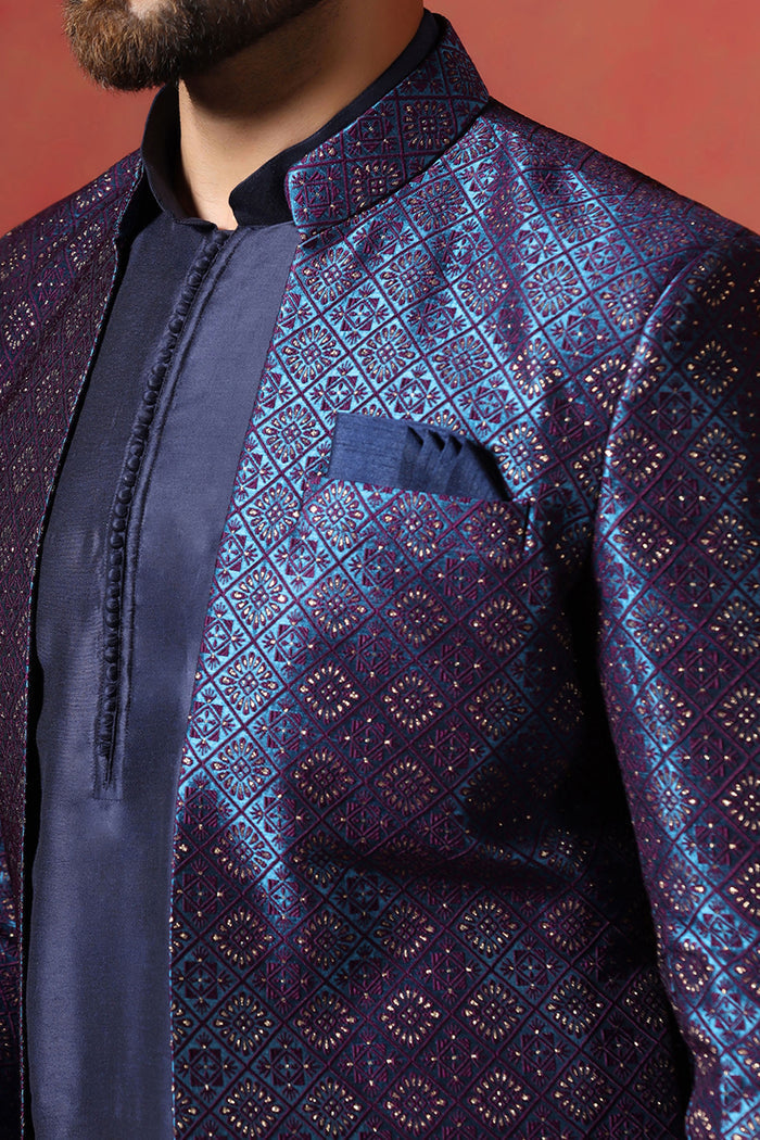 Navy Blue Jacquard Solid Sherwani Set
