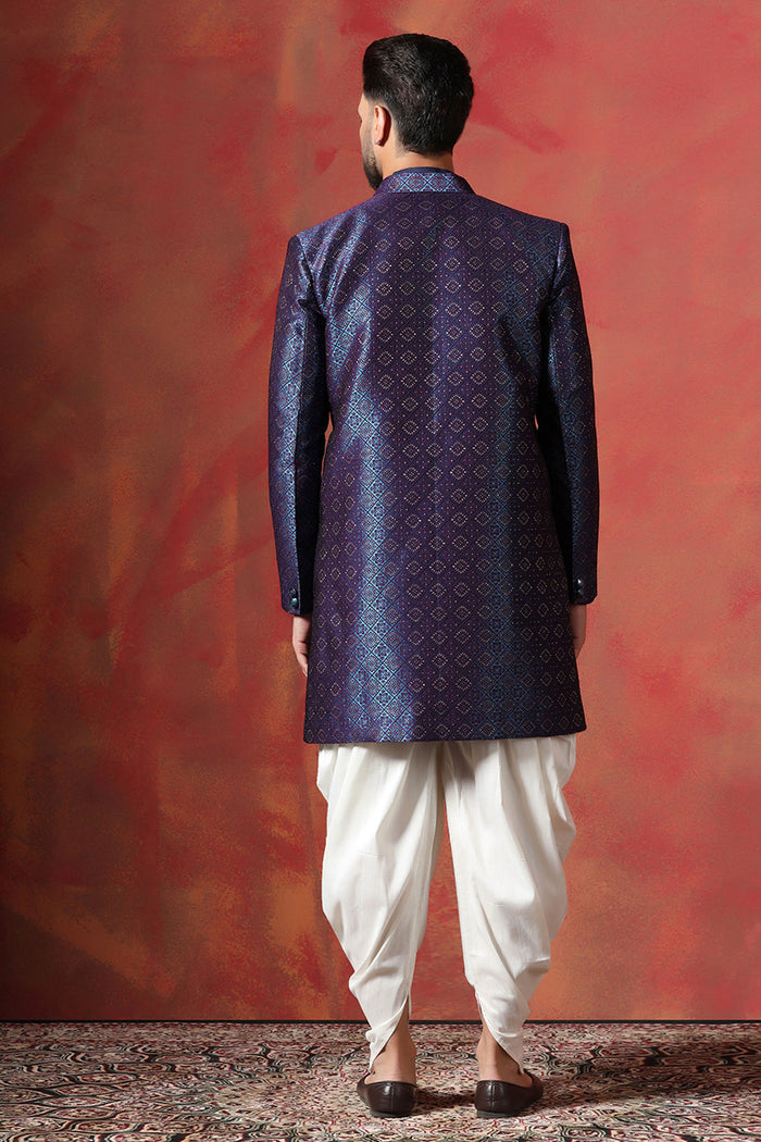 Navy Blue Jacquard Solid Sherwani Set