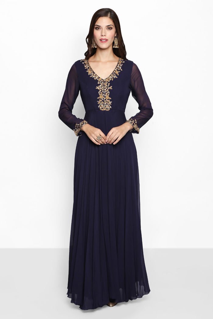 Navy Blue Round Neck Long Gown Net Indo Western Dress