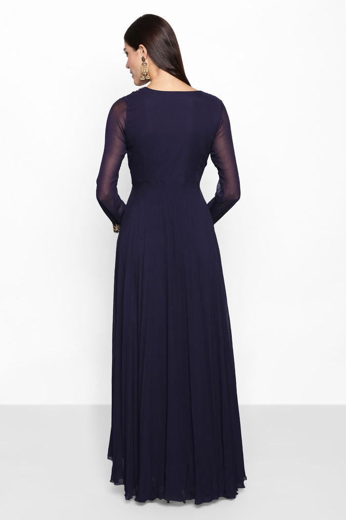Navy Blue Round Neck Long Gown Net Indo Western Dress