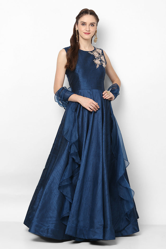 Navy Blue Ruffled Organza Gown