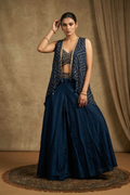 Navy Blue Silk Blend Embroidered Indo-Western Set