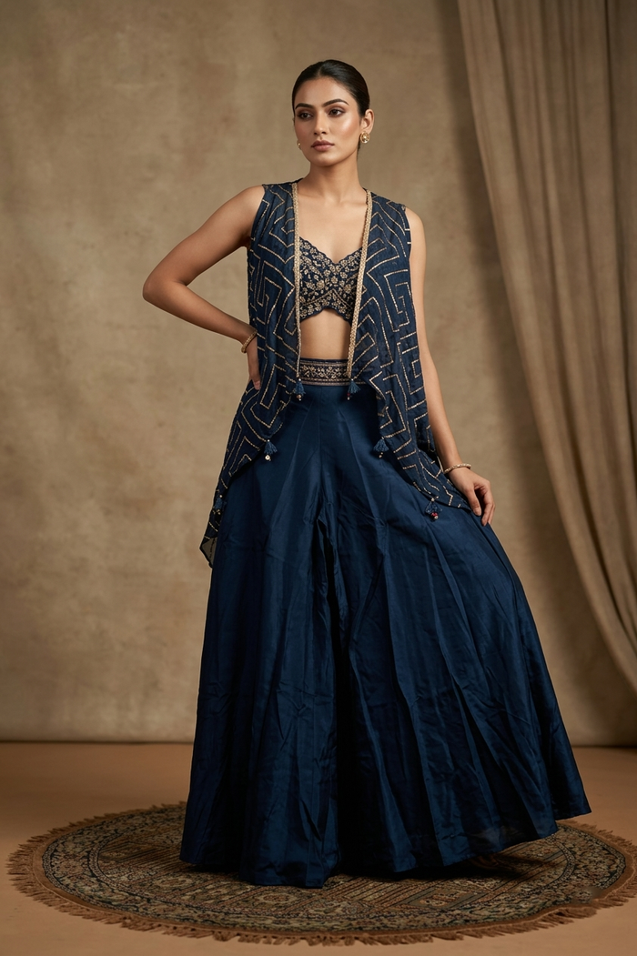 Navy Blue Silk Blend Embroidered Indo-Western Set
