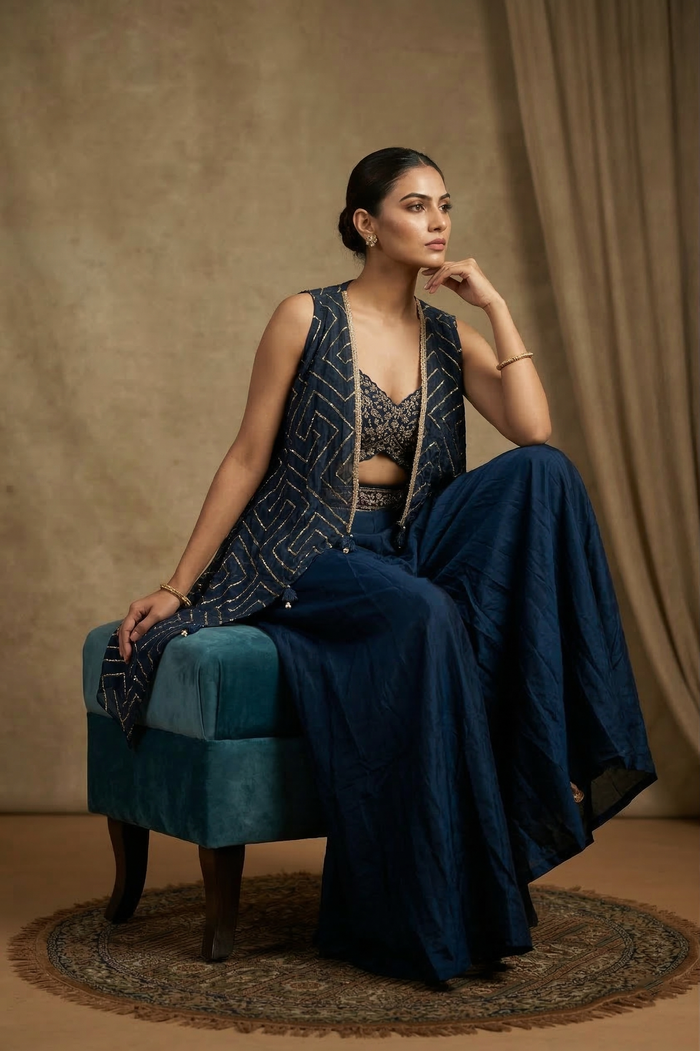 Navy Blue Silk Blend Embroidered Indo-Western Set