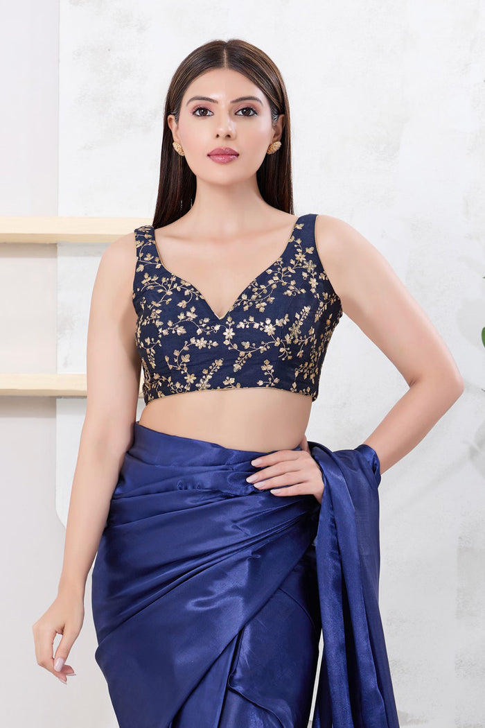 Navy Blue Silk Floral Embroidered Blouse