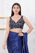 Navy Blue Silk Floral Embroidered Blouse