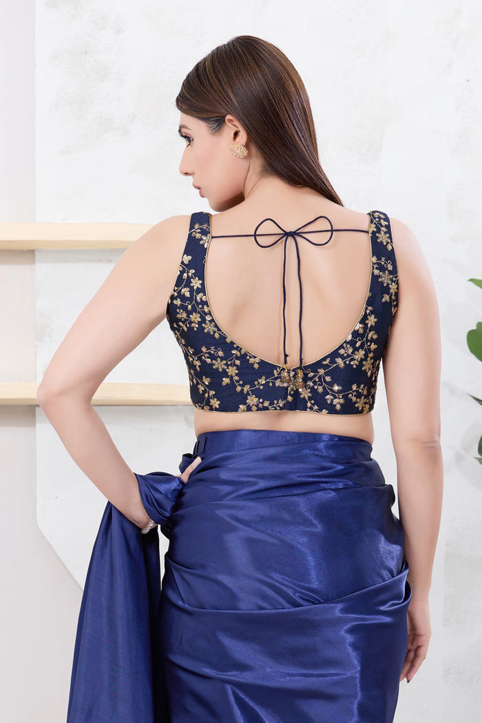 Navy Blue Silk Floral Embroidered Blouse