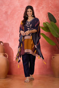 Navy Blue Silk Printed Kaftan Set