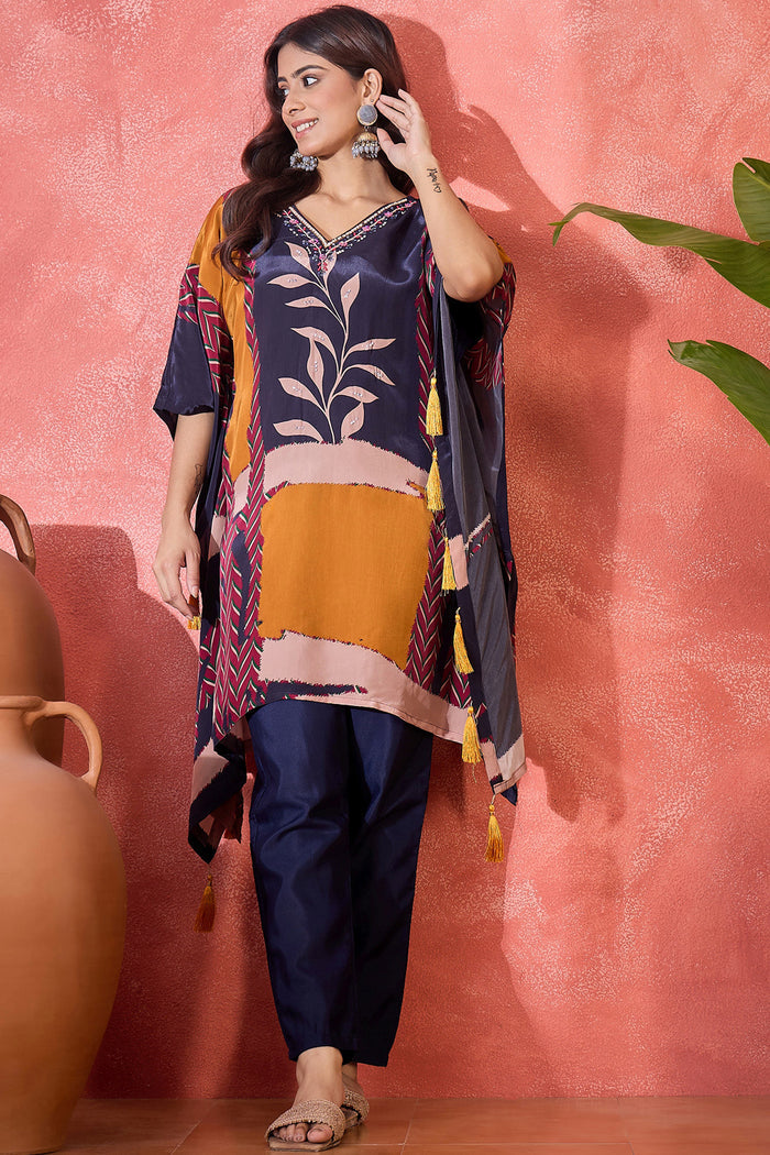 Navy Blue Silk Printed Kaftan Set