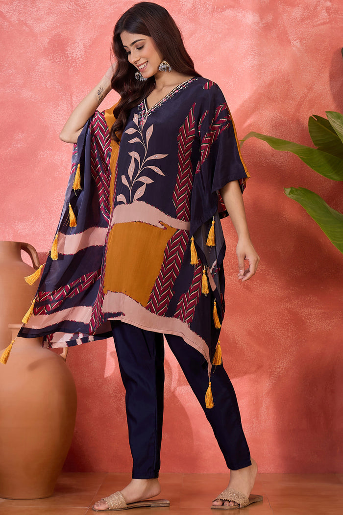 Navy Blue Silk Printed Kaftan Set