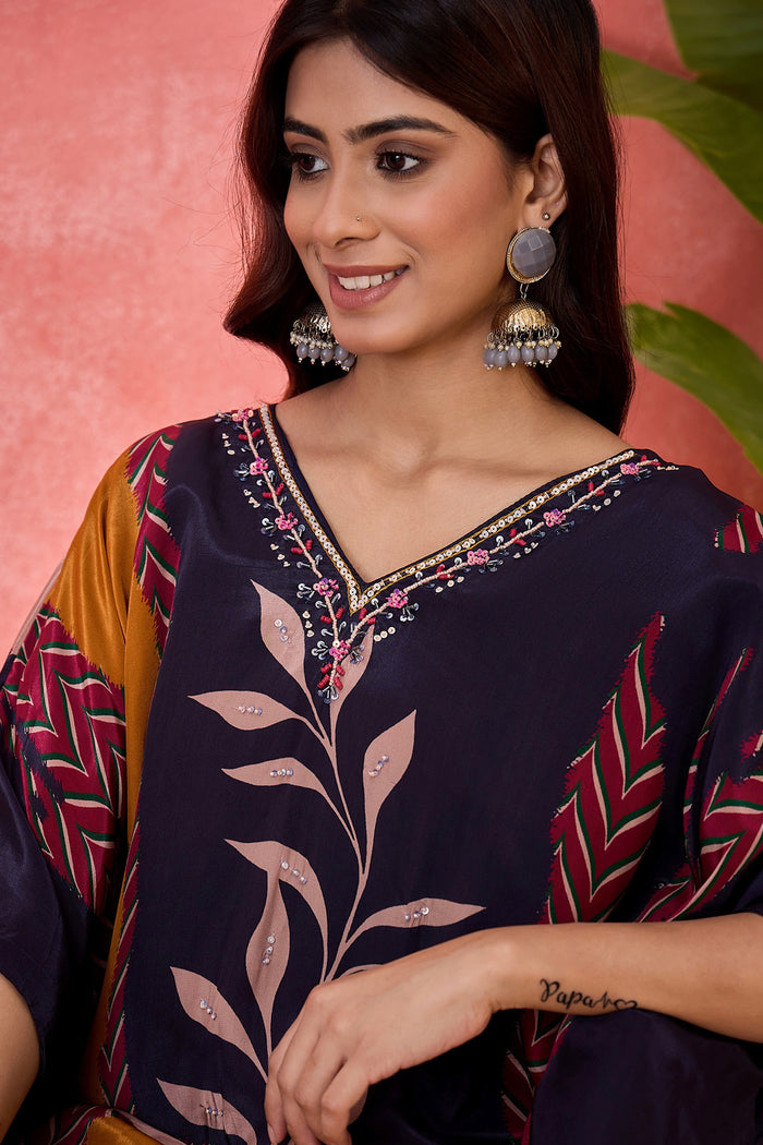 Navy Blue Silk Printed Kaftan Set