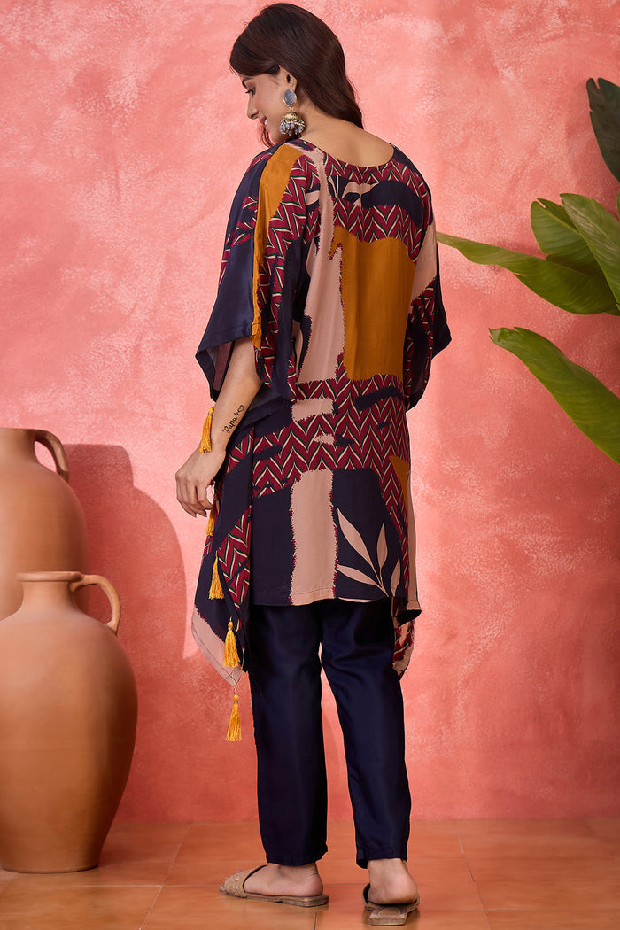 Navy Blue Silk Printed Kaftan Set