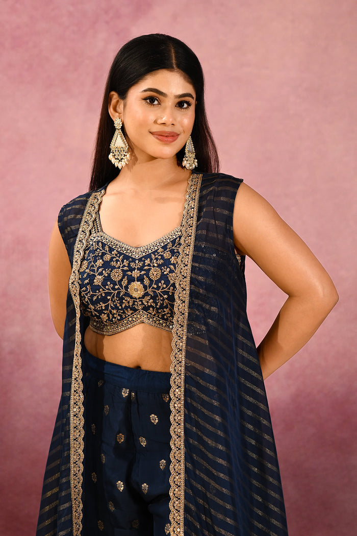 Navy Blue Striped Butti Georgette Indo Western Set