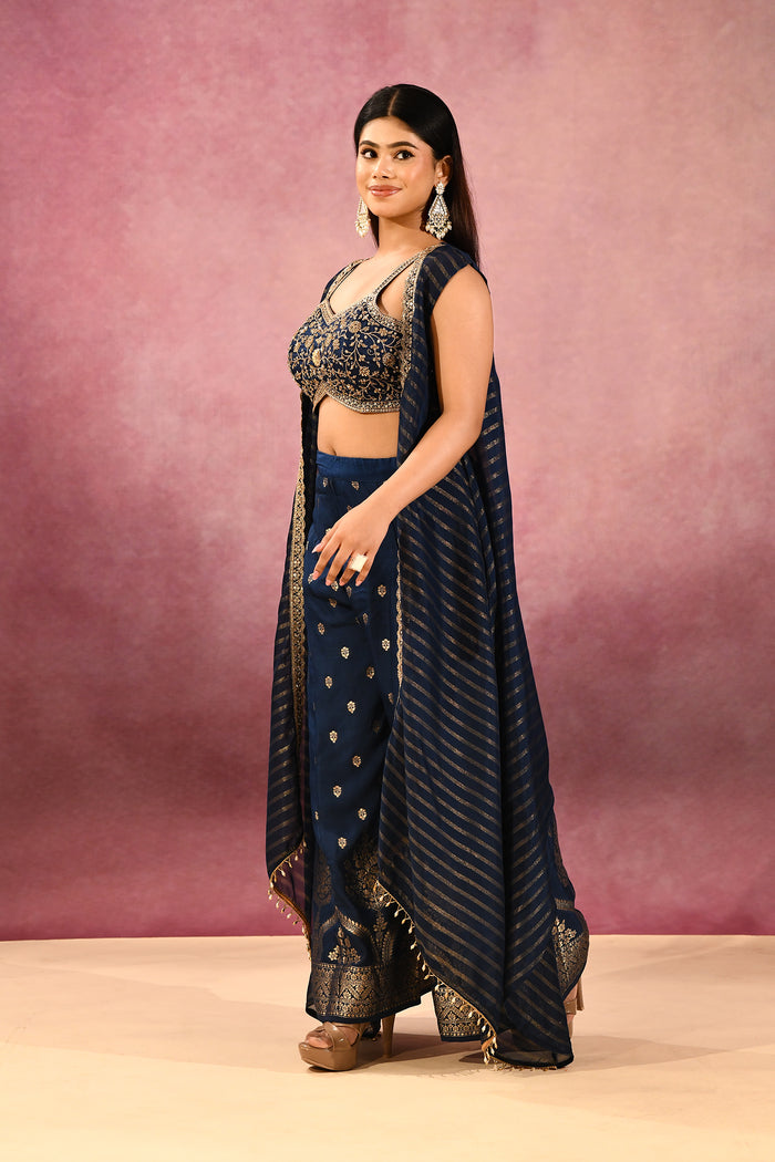 Navy Blue Striped Butti Georgette Indo Western Set