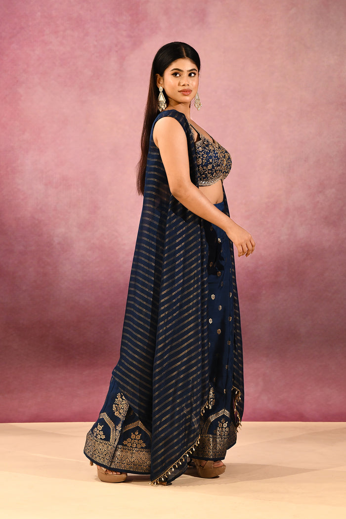 Navy Blue Striped Butti Georgette Indo Western Set