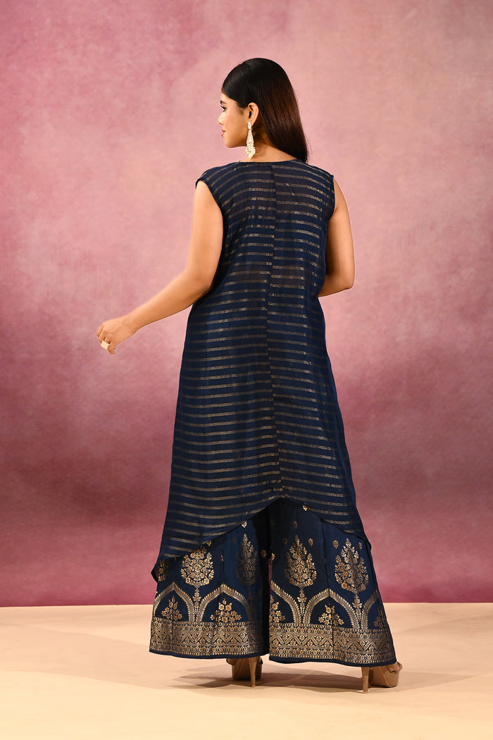 Navy Blue Striped Butti Georgette Indo Western Set