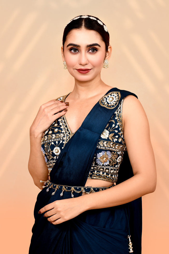 Navy Blue Tissue Silk Embroidered Draped Saree