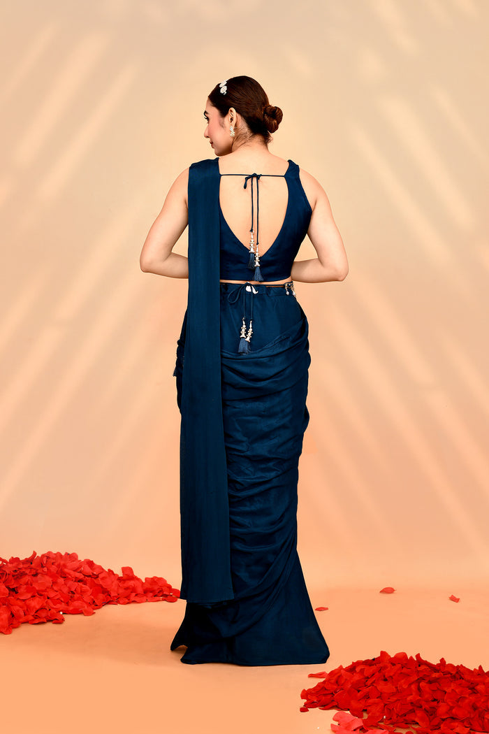 Navy Blue Tissue Silk Embroidered Draped Saree