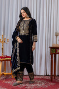 Navy Blue Velvet Embroidered Kurti Set