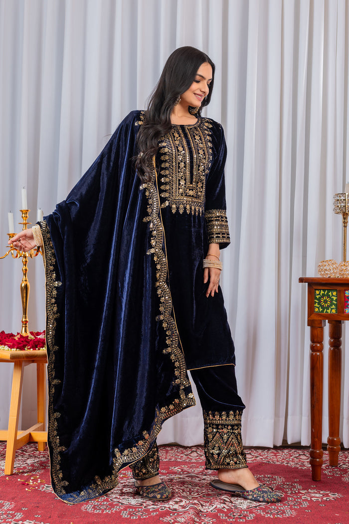 Navy Blue Velvet Embroidered Kurti Set
