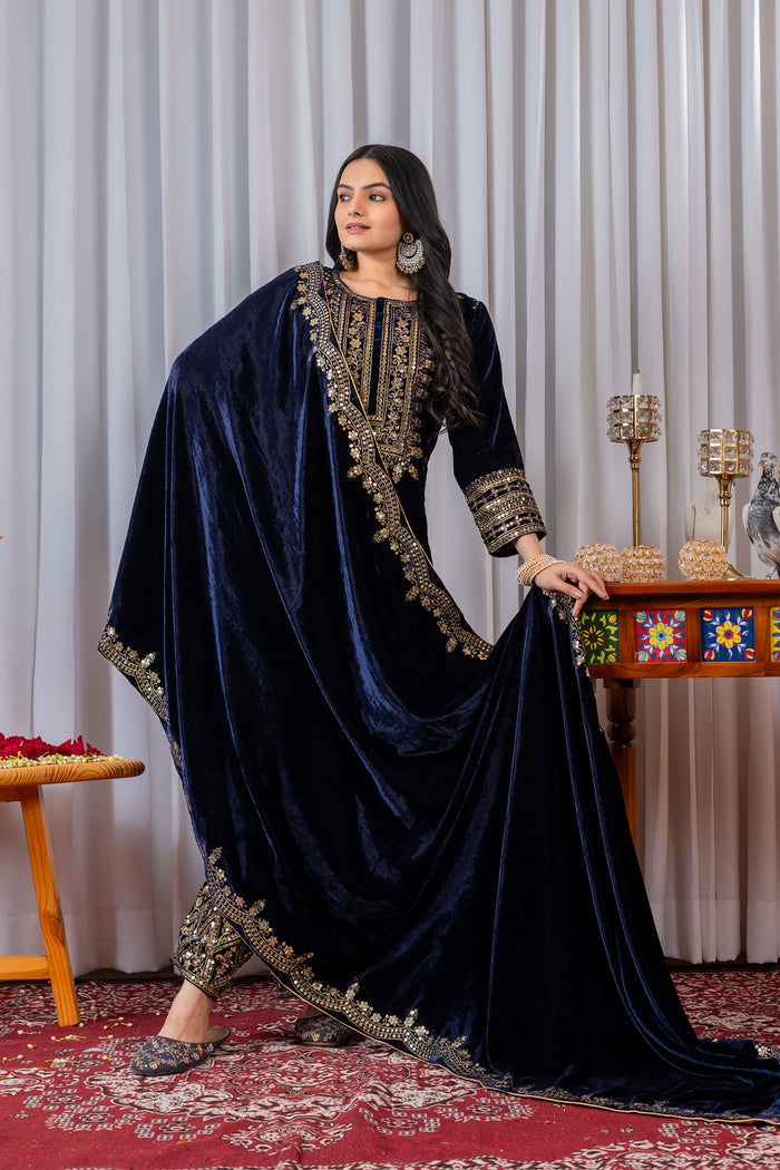 Navy Blue Velvet Embroidered Kurti Set