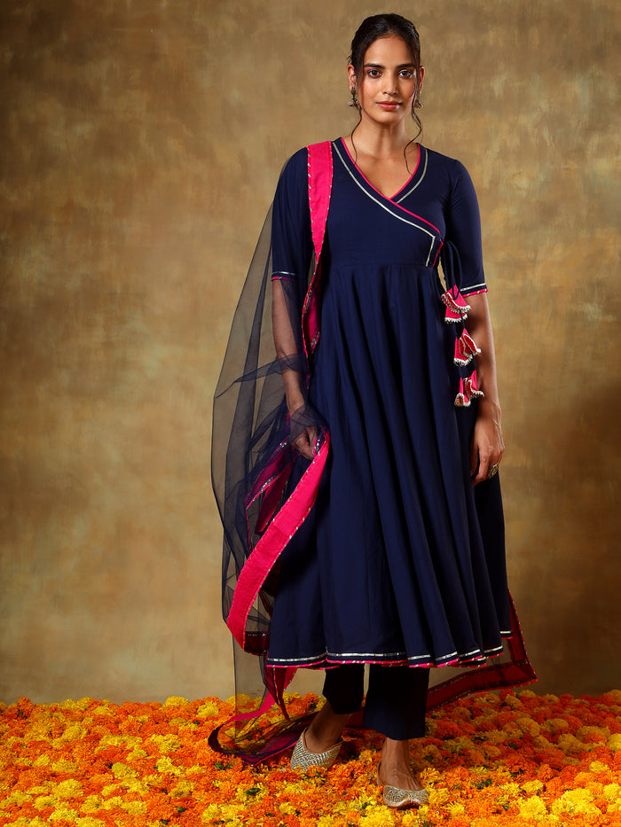 Navy Blue Wrap Anarkali Set With Pink Bordered Net Dupatta