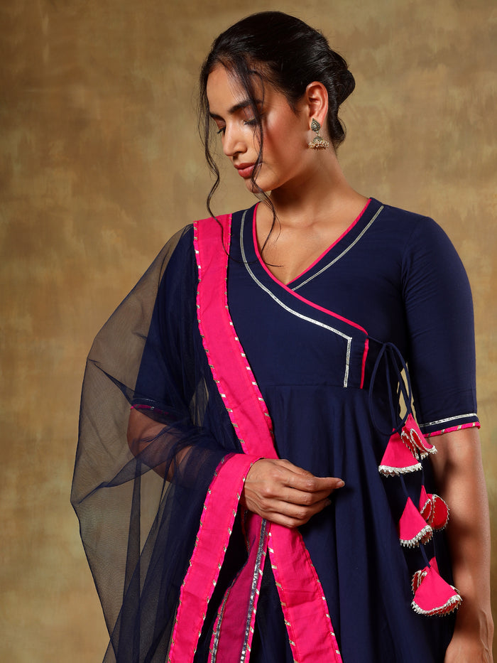 Navy Blue Wrap Anarkali Set With Pink Bordered Net Dupatta