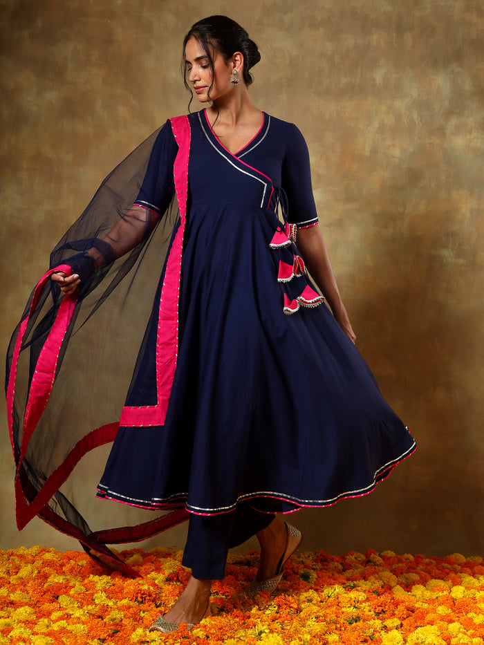 Navy Blue Wrap Anarkali Set With Pink Bordered Net Dupatta