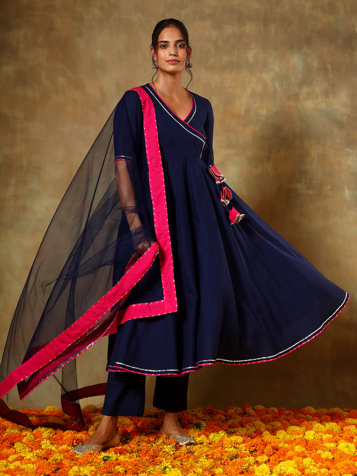 Navy Blue Wrap Anarkali Set With Pink Bordered Net Dupatta