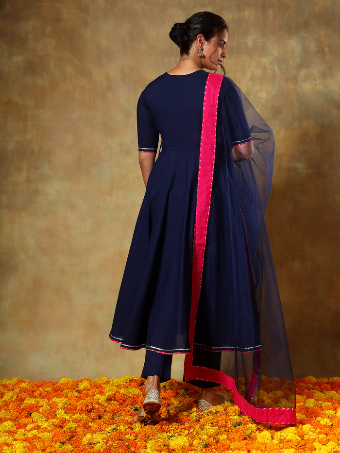 Navy Blue Wrap Anarkali Set With Pink Bordered Net Dupatta