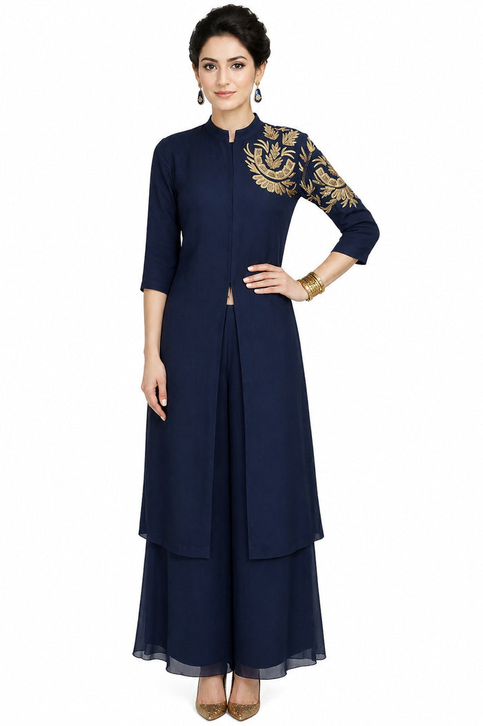 Navy Georgette Front Open Salwar Set With Gold Embroidered Shoulder And Flared Palazzo