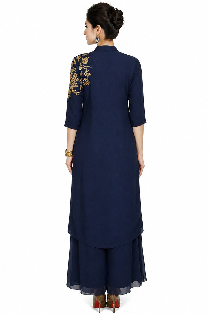 Navy Georgette Front Open Salwar Set With Gold Embroidered Shoulder And Flared Palazzo