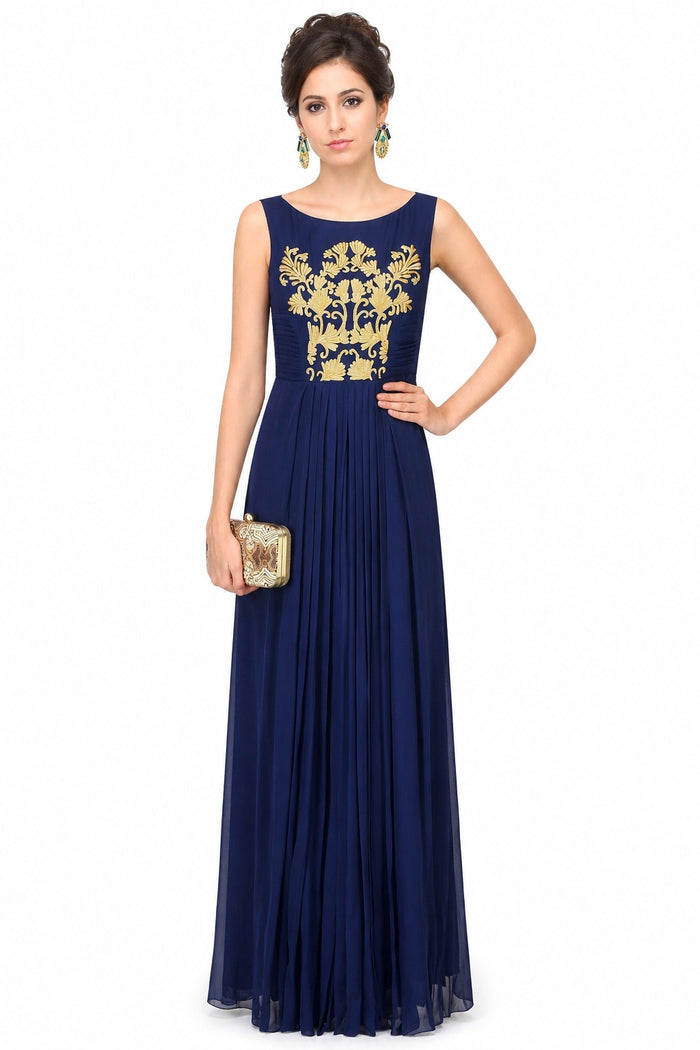 Navy Georgette Gown With Gold Floral Embroidered Bodice