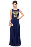 Navy Georgette Gown With Gold Floral Embroidered Bodice