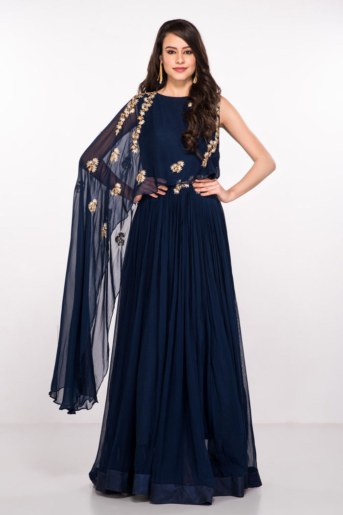 Navy Georgette Gown With Sheer Embroidered Cape Drape