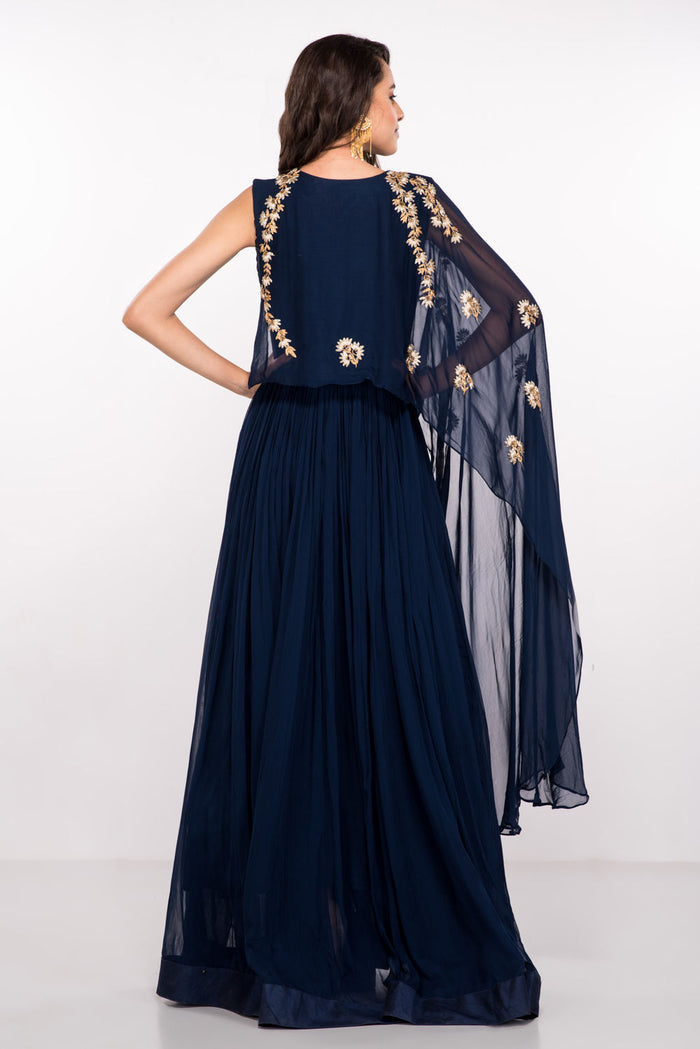 Navy Georgette Gown With Sheer Embroidered Cape Drape