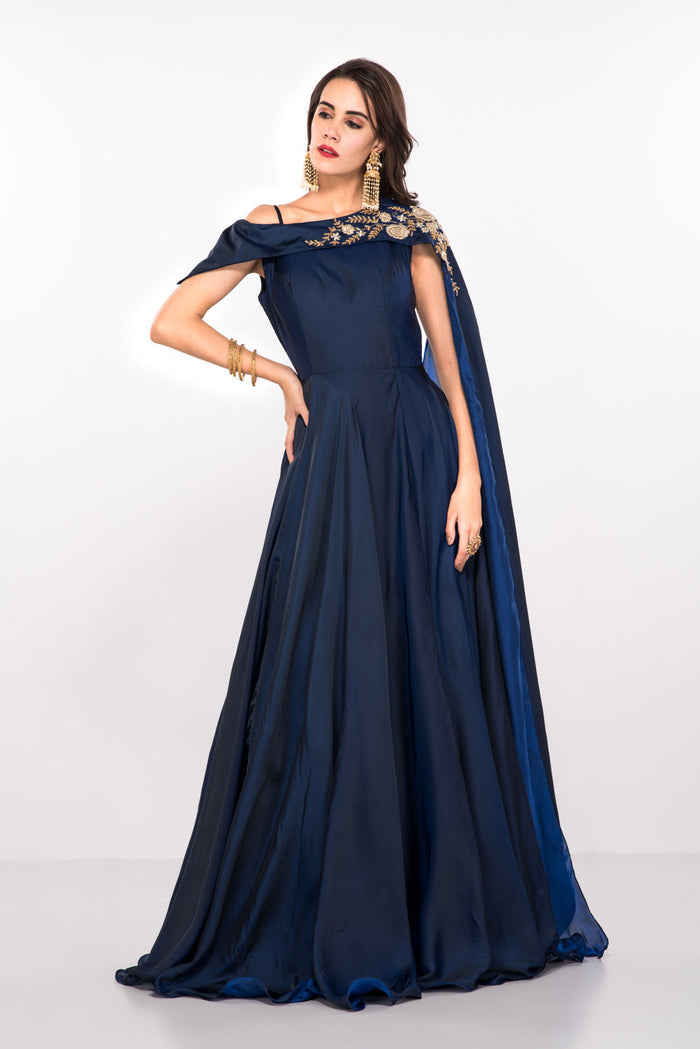 Navy Satin Gown With Gold Embroidered Off-Shoulder Cape