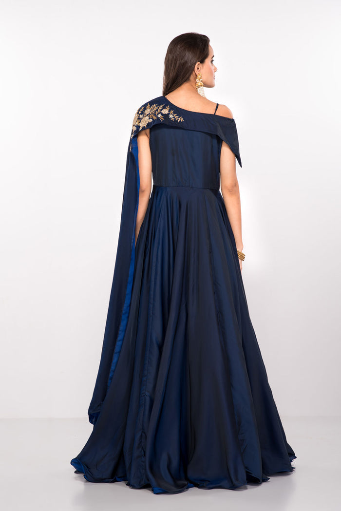 Navy Satin Gown With Gold Embroidered Off-Shoulder Cape