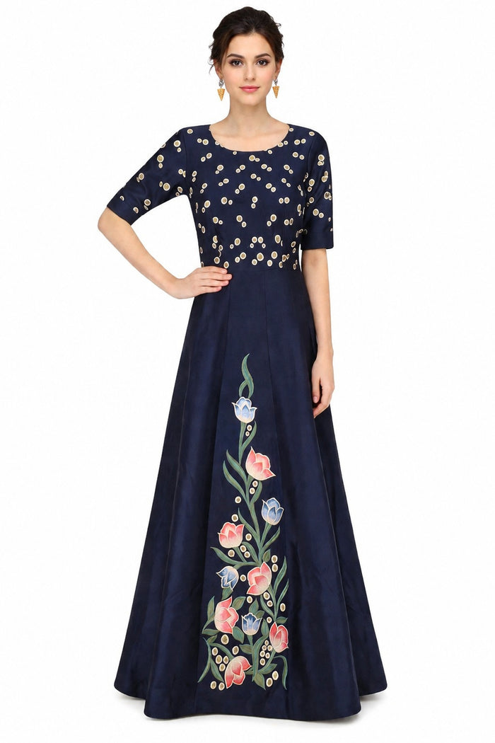 Navy Silk Gown With Gold Dot Print And Hand-Painted Floral Panel