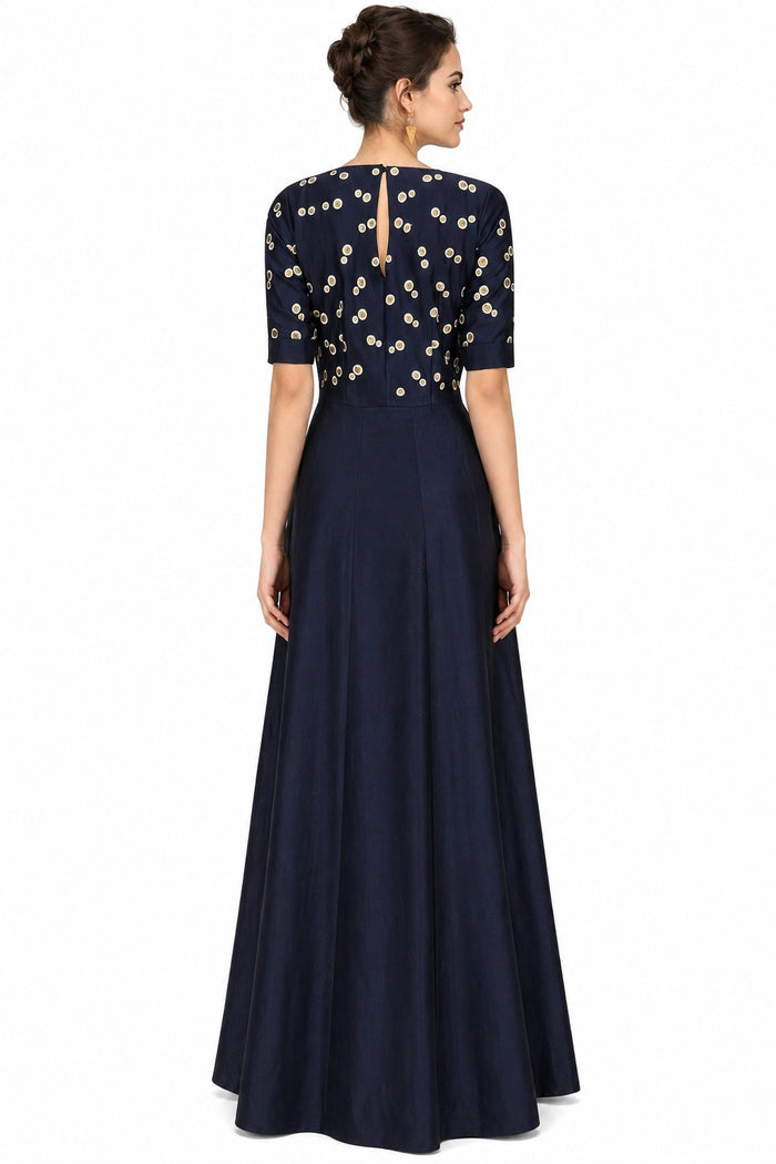 Navy Silk Gown With Gold Dot Print And Hand-Painted Floral Panel