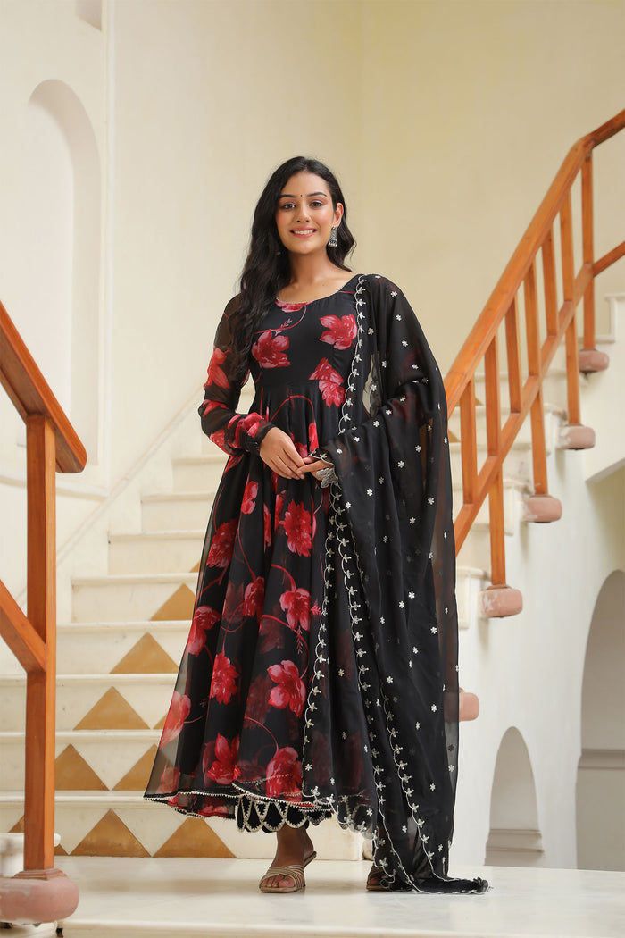 <img> Night Black Chiffon Floral Printed Anarkali Set