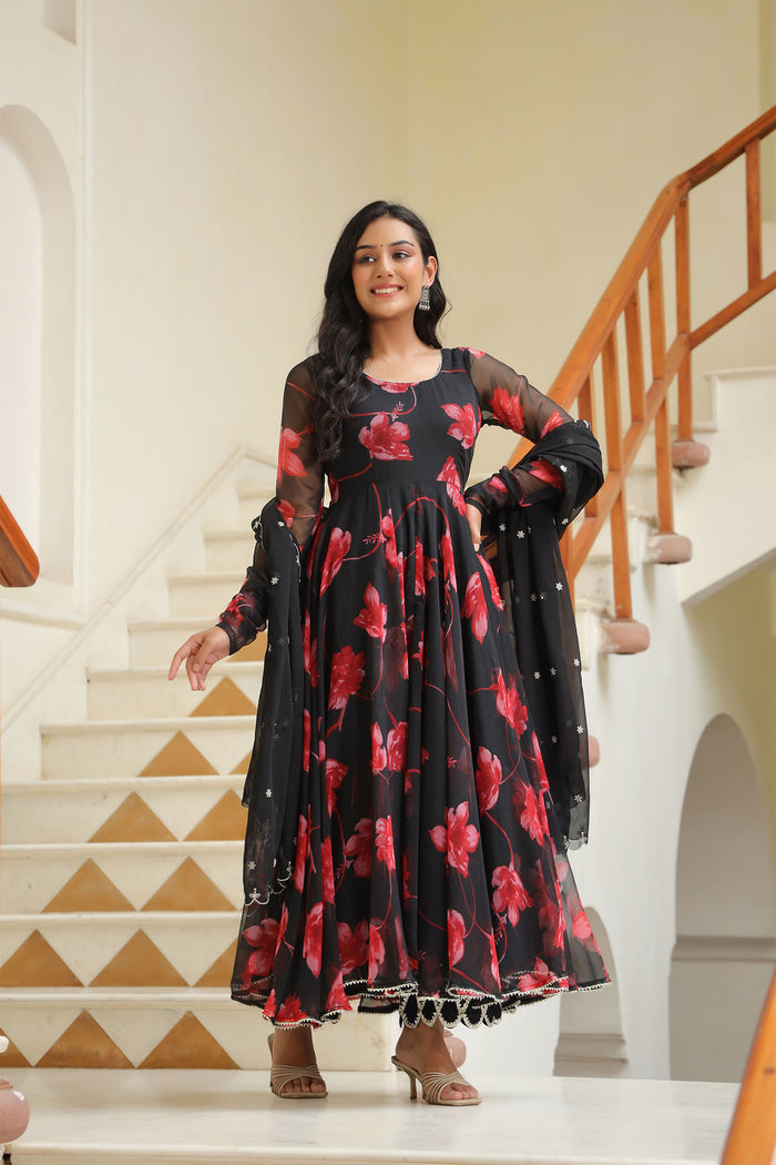 <img> Night Black Chiffon Floral Printed Anarkali Set